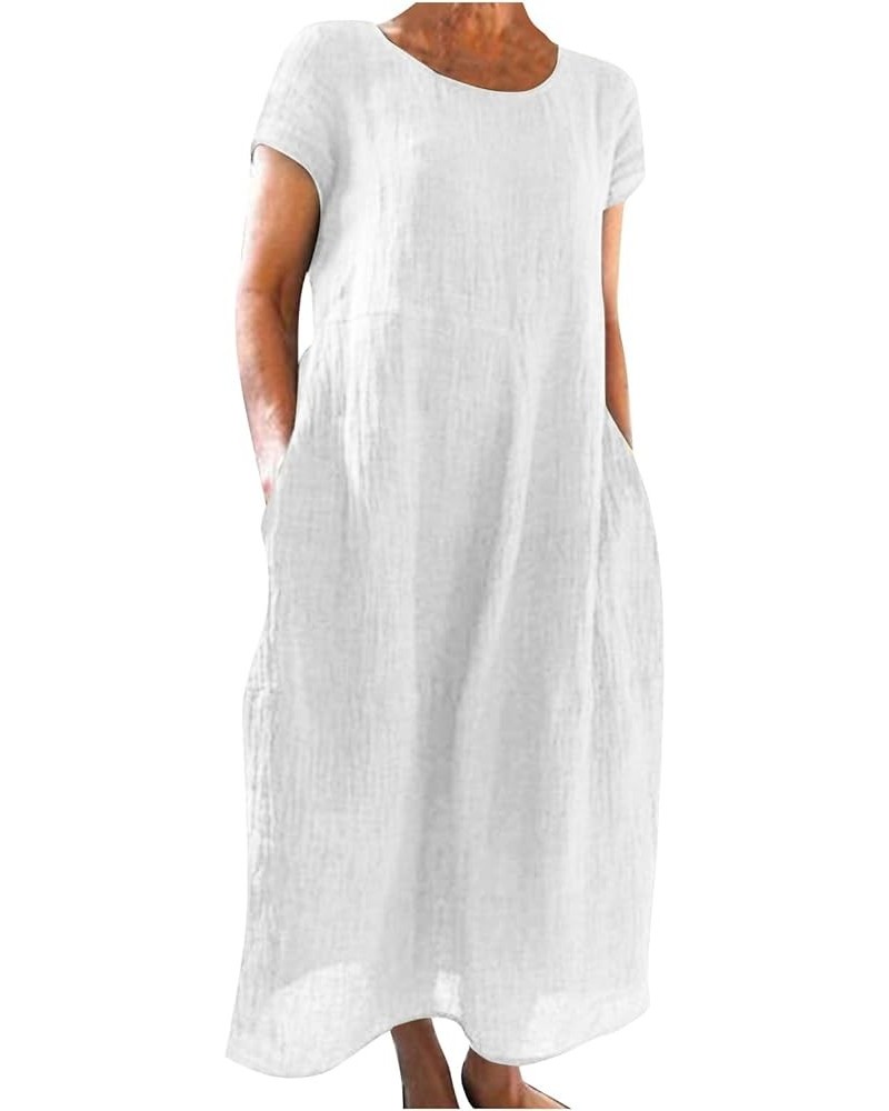 Women's Mini Dresses Sexy Solid Color Short-Sleeve O-Neck Stitching Loose Pocket Cotton Linen Dress Shorts White $10.55 Dresses