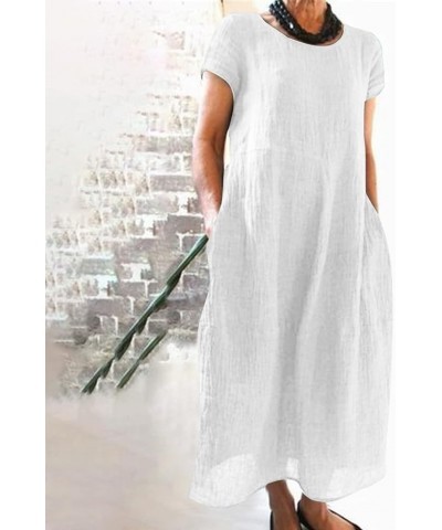 Women's Mini Dresses Sexy Solid Color Short-Sleeve O-Neck Stitching Loose Pocket Cotton Linen Dress Shorts White $10.55 Dresses