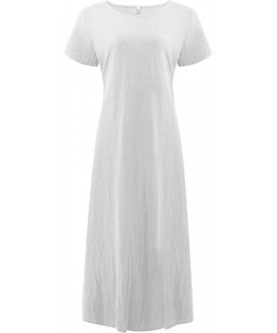 Women's Mini Dresses Sexy Solid Color Short-Sleeve O-Neck Stitching Loose Pocket Cotton Linen Dress Shorts White $10.55 Dresses