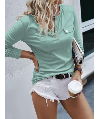 Womens Long Sleeve V Neck Tops Casual Henley Shirt Snap Button Tunics Moss Green $17.69 Tops