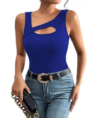 Women's Sexy Rib Thong Bodysuit Cut Out Front Sleeveless Leotard Tops Royal Blue B $10.08 Bodysuits