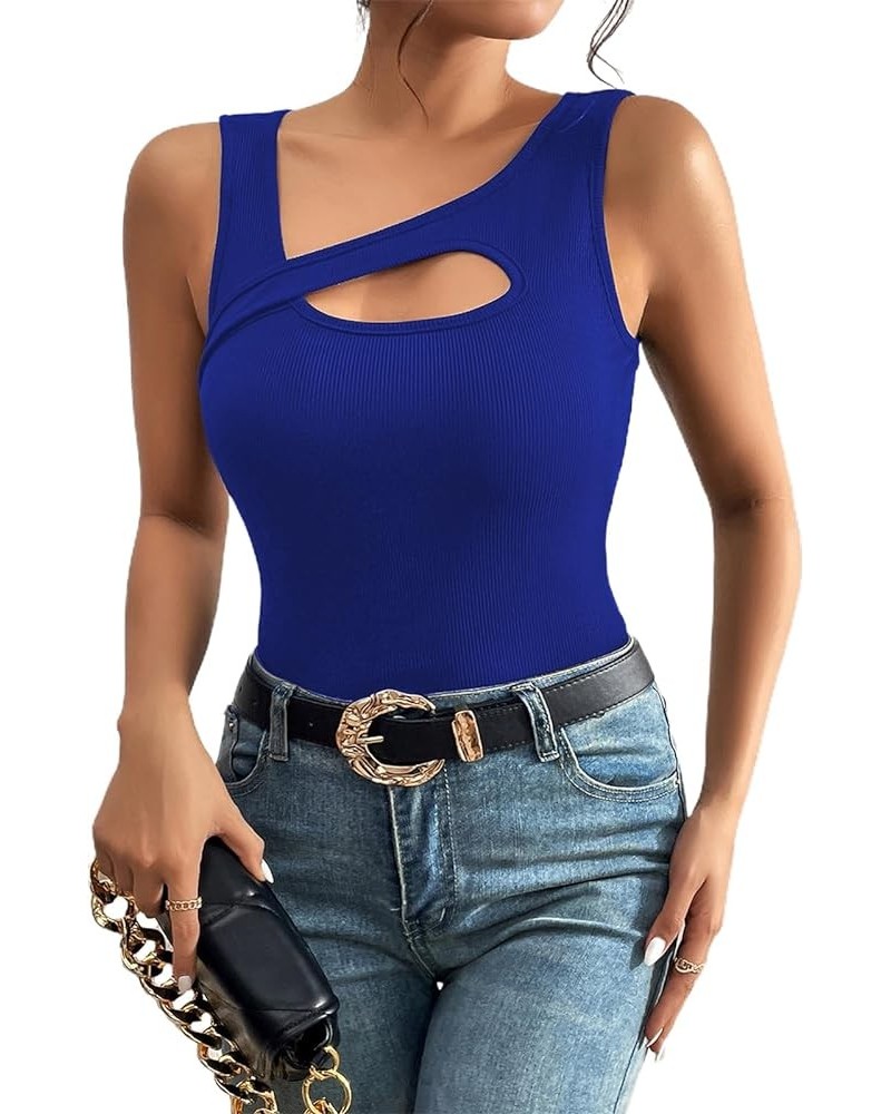 Women's Sexy Rib Thong Bodysuit Cut Out Front Sleeveless Leotard Tops Royal Blue B $10.08 Bodysuits