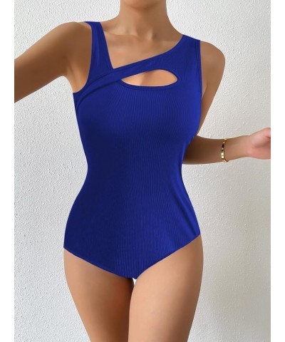 Women's Sexy Rib Thong Bodysuit Cut Out Front Sleeveless Leotard Tops Royal Blue B $10.08 Bodysuits