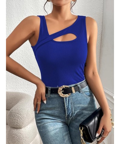 Women's Sexy Rib Thong Bodysuit Cut Out Front Sleeveless Leotard Tops Royal Blue B $10.08 Bodysuits