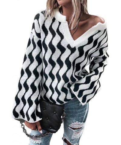 Women's Oversized Striped Long Sleeve Sweater Drop Shoulder Notched V Neck Pullover Sweater Black and White $15.91 Sweaters