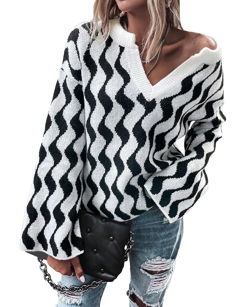 Women's Oversized Striped Long Sleeve Sweater Drop Shoulder Notched V Neck Pullover Sweater Black and White $15.91 Sweaters