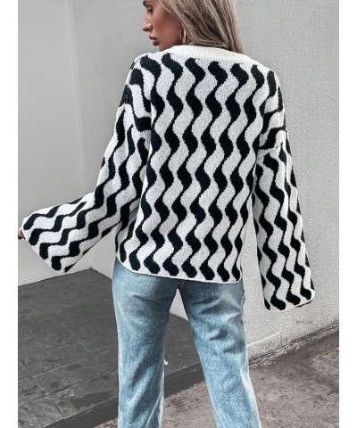 Women's Oversized Striped Long Sleeve Sweater Drop Shoulder Notched V Neck Pullover Sweater Black and White $15.91 Sweaters