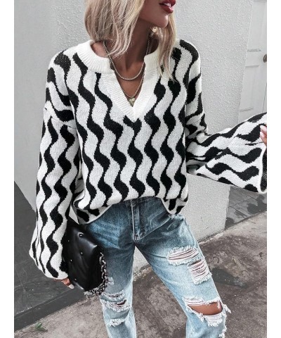 Women's Oversized Striped Long Sleeve Sweater Drop Shoulder Notched V Neck Pullover Sweater Black and White $15.91 Sweaters