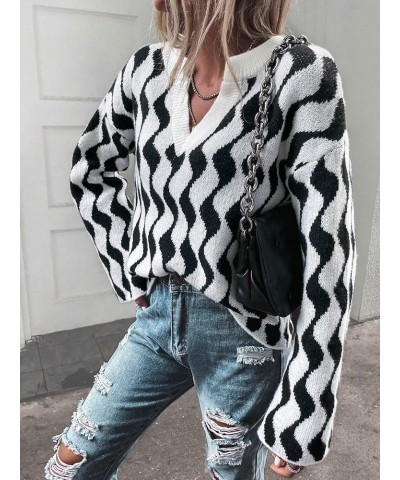 Women's Oversized Striped Long Sleeve Sweater Drop Shoulder Notched V Neck Pullover Sweater Black and White $15.91 Sweaters