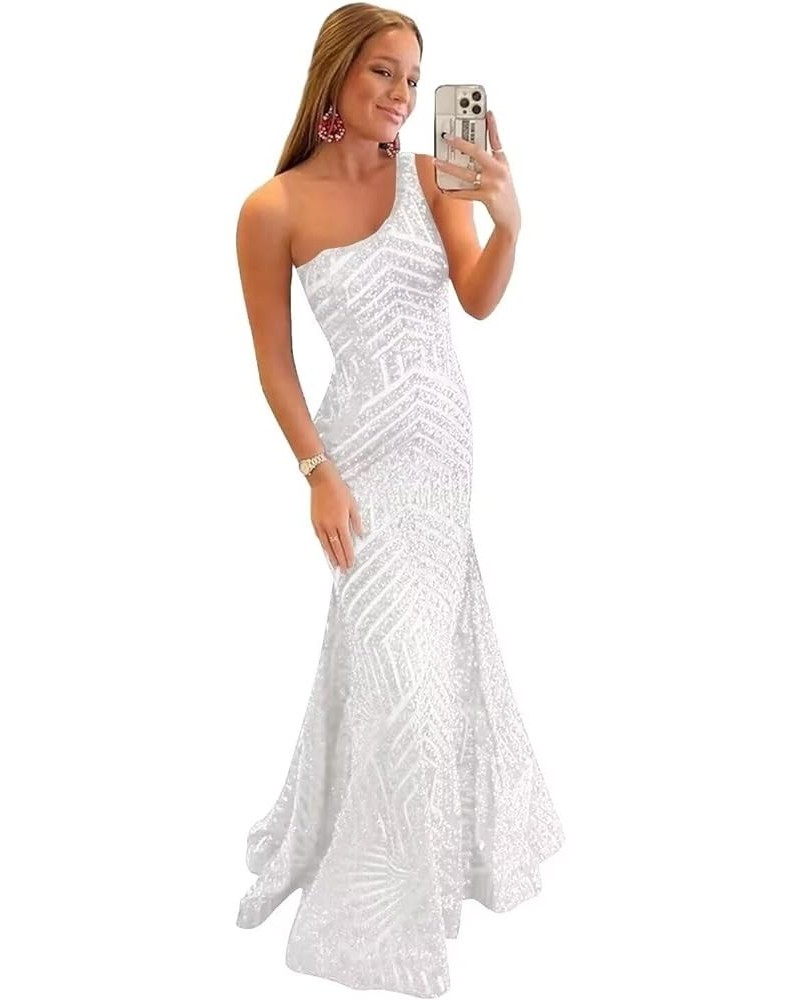 Sparkly Sequin Mermaid Prom Dress for Women One Shoulder Long Formal Evening Party Gowns White $28.70 Dresses