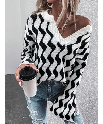 Women's Oversized Striped Long Sleeve Sweater Drop Shoulder Notched V Neck Pullover Sweater Black and White $15.91 Sweaters