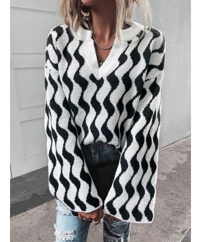 Women's Oversized Striped Long Sleeve Sweater Drop Shoulder Notched V Neck Pullover Sweater Black and White $15.91 Sweaters