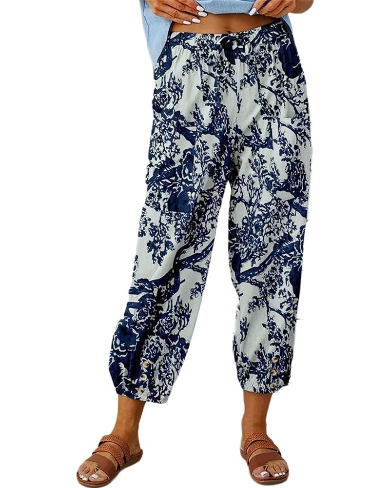 Cotton Linen Pants Women Summer Harem Baggy Wide Leg Floral Print Drawstring Cropped Pants with Pockets White $12.25 Pants