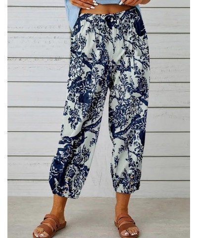 Cotton Linen Pants Women Summer Harem Baggy Wide Leg Floral Print Drawstring Cropped Pants with Pockets White $12.25 Pants