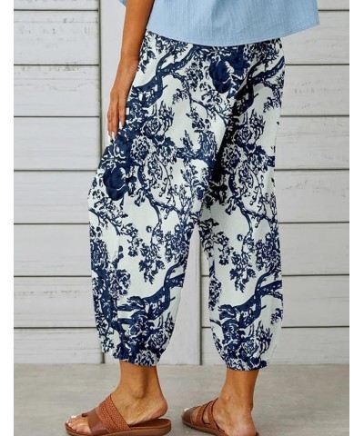 Cotton Linen Pants Women Summer Harem Baggy Wide Leg Floral Print Drawstring Cropped Pants with Pockets White $12.25 Pants