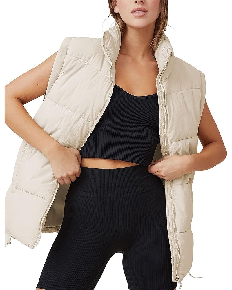 Womens Oversized Quilted Puffer Vest Padded Warm Winter Jacket with Stand Collar Bubble Puffer Gilet Apricot $18.00 Vests