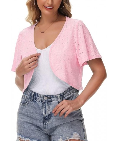 Womens Bolero Shrug Knit Eyelet Embroidery Ruffle Short Sleeve Cropped Cardigan for Dress Light Pink $9.87 Sweaters