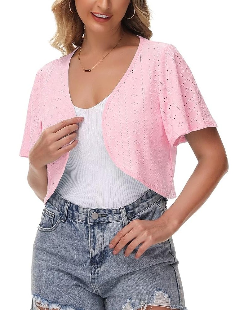 Womens Bolero Shrug Knit Eyelet Embroidery Ruffle Short Sleeve Cropped Cardigan for Dress Light Pink $9.87 Sweaters