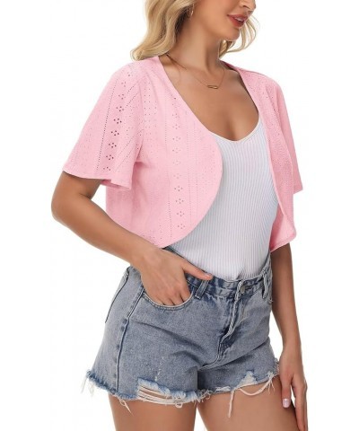 Womens Bolero Shrug Knit Eyelet Embroidery Ruffle Short Sleeve Cropped Cardigan for Dress Light Pink $9.87 Sweaters