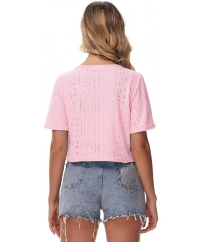 Womens Bolero Shrug Knit Eyelet Embroidery Ruffle Short Sleeve Cropped Cardigan for Dress Light Pink $9.87 Sweaters