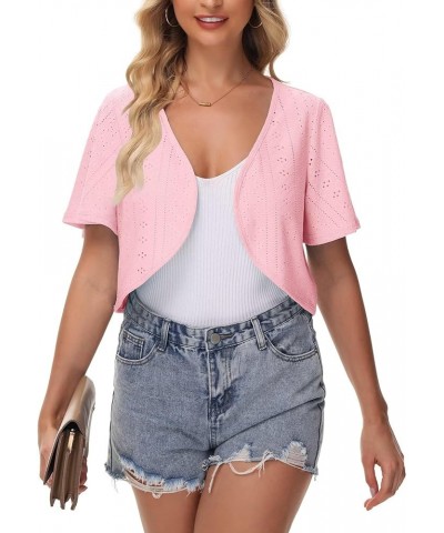 Womens Bolero Shrug Knit Eyelet Embroidery Ruffle Short Sleeve Cropped Cardigan for Dress Light Pink $9.87 Sweaters