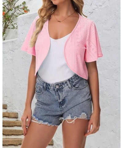 Womens Bolero Shrug Knit Eyelet Embroidery Ruffle Short Sleeve Cropped Cardigan for Dress Light Pink $9.87 Sweaters