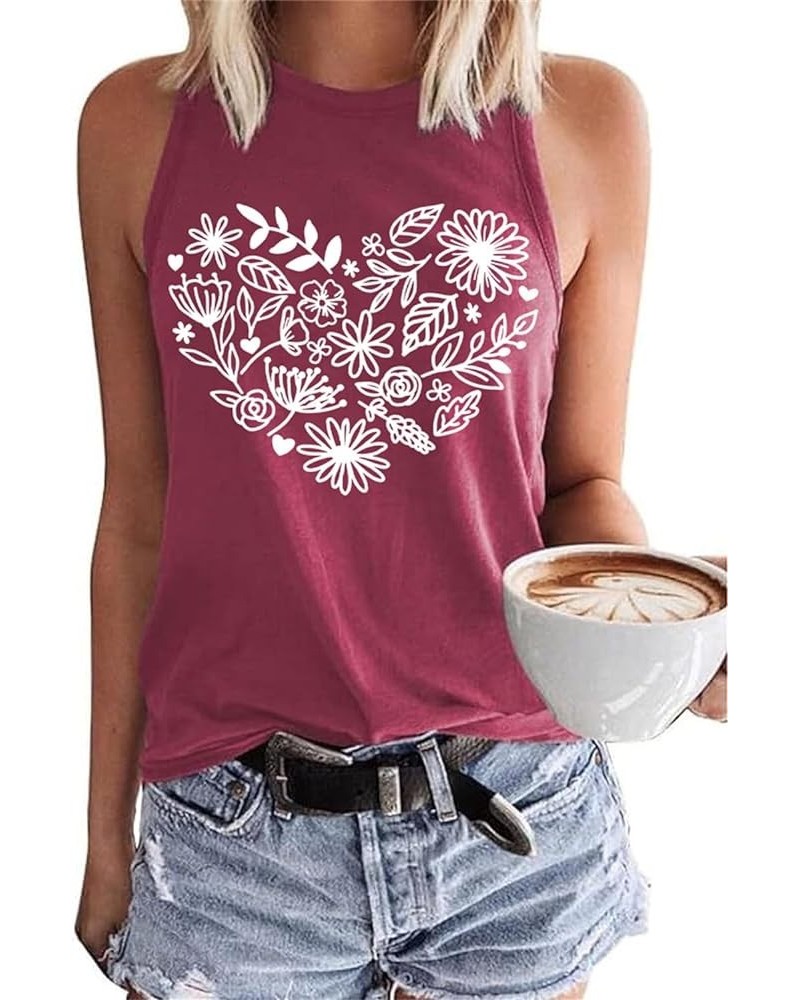 Women's Floral Tank Tops Casual Summer Cap Sleeve Sleeveless Wildflowers Floral Graphic Tees Tops A-wine Red $10.79 Tops