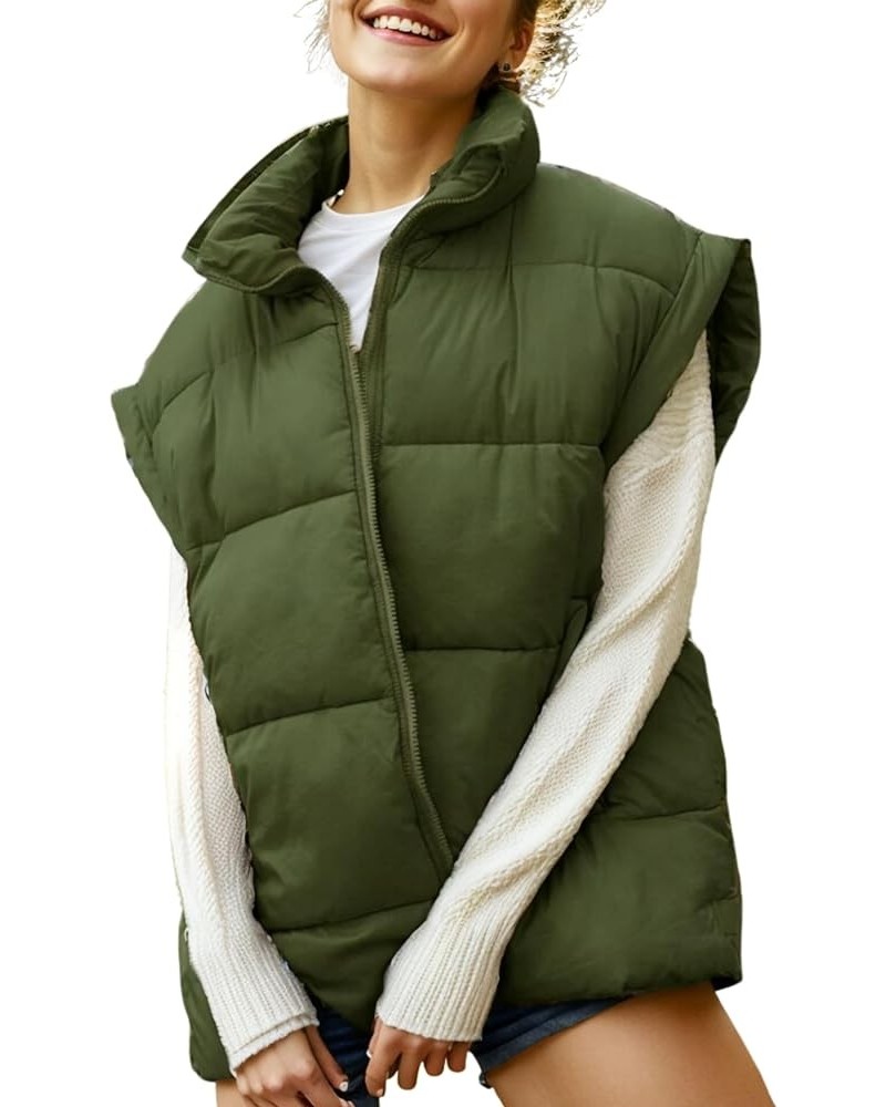 Women's Oversized Puffer Vest Stand Collar Flysleeve Puffy Quilted Jacket Padded Coat Outerwear Army Green $12.50 Vests