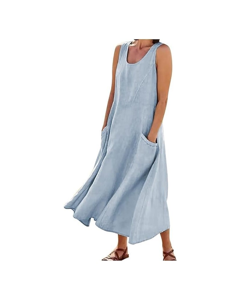 Linen Dress for Women Summer Sleeveless Solid Casual Baggy Flowy Maxi Dresses with Pockets Blue Linen Dress $19.03 Dresses