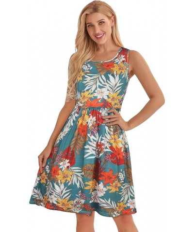 Summer Dresses for Women Casual Sleeveless Tshirt Beach Flowy Tank Sundresses with Pockets Cyan Yellow Floral $16.19 Dresses