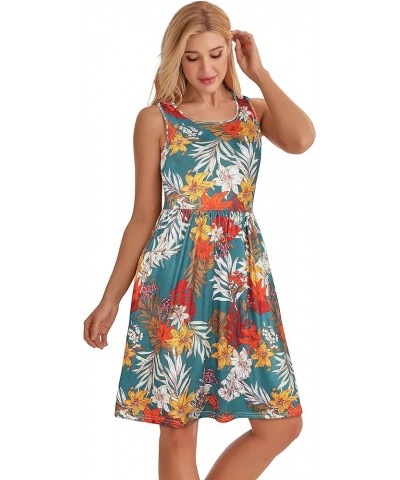 Summer Dresses for Women Casual Sleeveless Tshirt Beach Flowy Tank Sundresses with Pockets Cyan Yellow Floral $16.19 Dresses