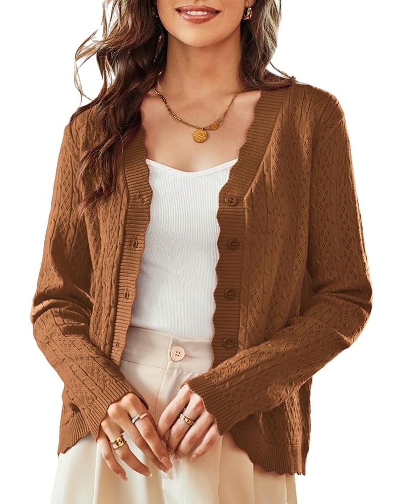 Women's 2024 Long Sleeve Cropped Cardigan Sweaters Lightweight Crochet Button Down Cardigans Shrug S-2XL Red Brown $15.12 Swe...