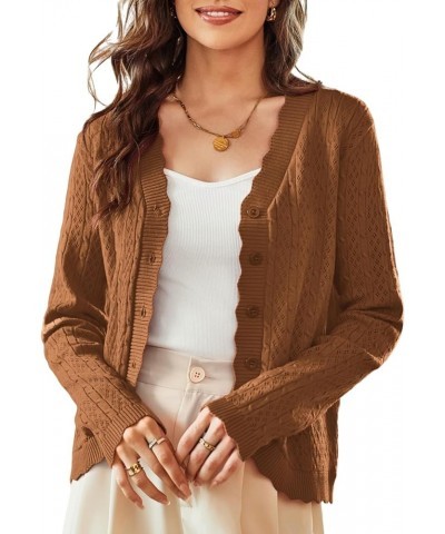 Women's 2024 Long Sleeve Cropped Cardigan Sweaters Lightweight Crochet Button Down Cardigans Shrug S-2XL Red Brown $15.12 Swe...