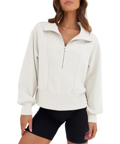 Women's 2023 Long Sleeve Half Zip Cropped Sweatshirt Lapel Casual Ribbed Pullover Tops White $17.28 Hoodies & Sweatshirts