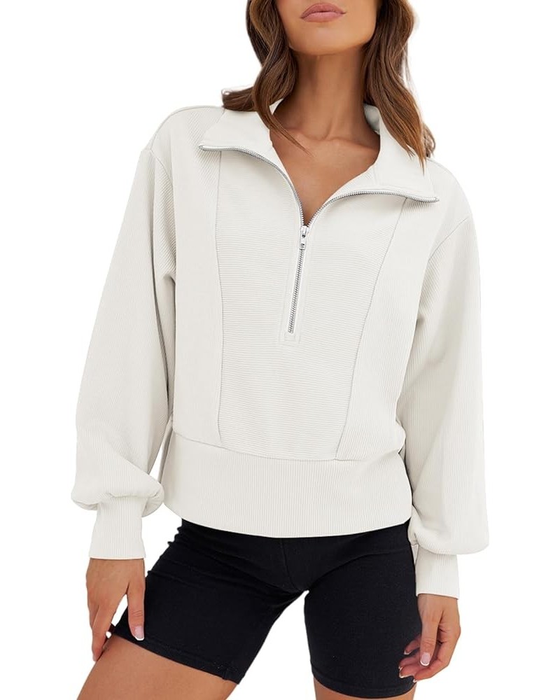 Women's 2023 Long Sleeve Half Zip Cropped Sweatshirt Lapel Casual Ribbed Pullover Tops White $17.28 Hoodies & Sweatshirts