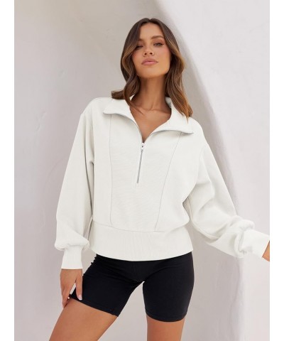 Women's 2023 Long Sleeve Half Zip Cropped Sweatshirt Lapel Casual Ribbed Pullover Tops White $17.28 Hoodies & Sweatshirts