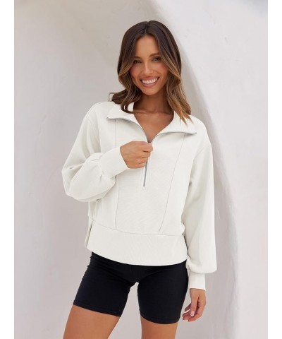 Women's 2023 Long Sleeve Half Zip Cropped Sweatshirt Lapel Casual Ribbed Pullover Tops White $17.28 Hoodies & Sweatshirts