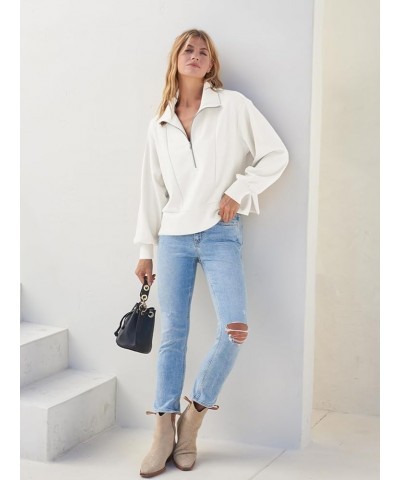 Women's 2023 Long Sleeve Half Zip Cropped Sweatshirt Lapel Casual Ribbed Pullover Tops White $17.28 Hoodies & Sweatshirts