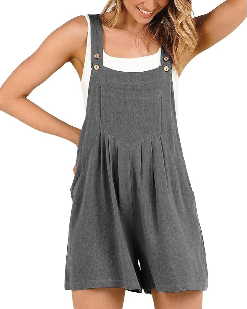 Women's Summer Cotton Short Overalls Cute Adjustable Straps Loose Wide Leg Bib Jumpsuits Rompers with Pockets Dark Grey $15.2...