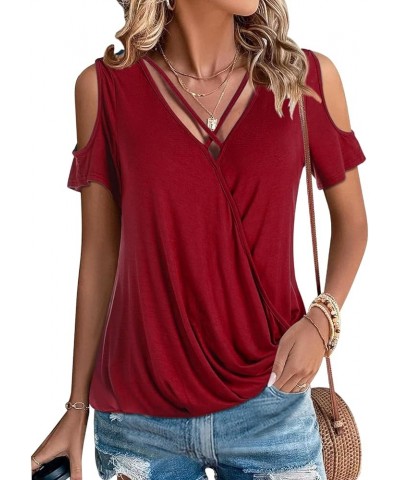 Womens Summer Cold Shoulder Tops Sexy Casual Short Sleeve Wrap V Neck T Shirts Cute Loose Fit Blouse Burgundy Red $14.57 Blouses