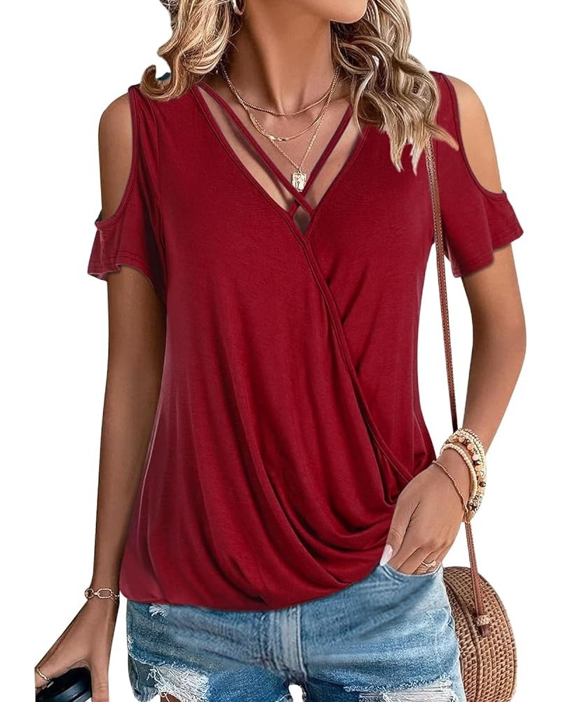 Womens Summer Cold Shoulder Tops Sexy Casual Short Sleeve Wrap V Neck T Shirts Cute Loose Fit Blouse Burgundy Red $14.57 Blouses