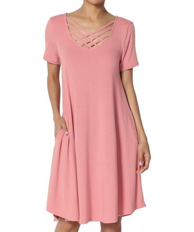 Women's Strappy Caged Scoop Neck 3/4 Sleeve Flowy Swing Pocket T-Shirt Dress Dusty Rose S/S $11.02 Tops