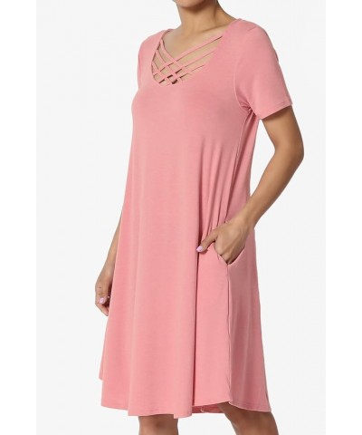 Women's Strappy Caged Scoop Neck 3/4 Sleeve Flowy Swing Pocket T-Shirt Dress Dusty Rose S/S $11.02 Tops