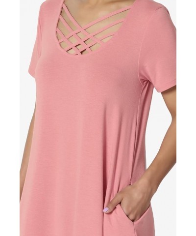 Women's Strappy Caged Scoop Neck 3/4 Sleeve Flowy Swing Pocket T-Shirt Dress Dusty Rose S/S $11.02 Tops