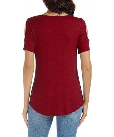 Womens Summer Cold Shoulder Tops Sexy Casual Short Sleeve Wrap V Neck T Shirts Cute Loose Fit Blouse Burgundy Red $14.57 Blouses