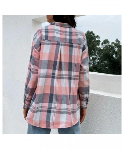 Women's Button up Flannel Shirts Long Sleeve Collared Plaid Shacket Work Blouses Casual Tops with Pocket for Fall Pink 3 $10....