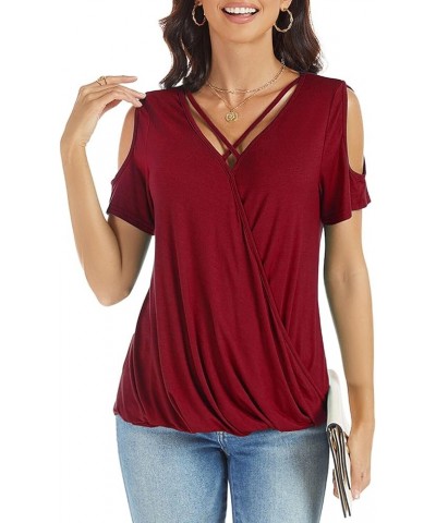 Womens Summer Cold Shoulder Tops Sexy Casual Short Sleeve Wrap V Neck T Shirts Cute Loose Fit Blouse Burgundy Red $14.57 Blouses