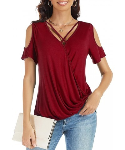 Womens Summer Cold Shoulder Tops Sexy Casual Short Sleeve Wrap V Neck T Shirts Cute Loose Fit Blouse Burgundy Red $14.57 Blouses