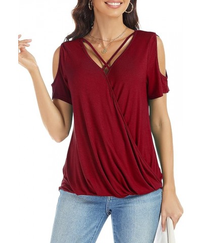 Womens Summer Cold Shoulder Tops Sexy Casual Short Sleeve Wrap V Neck T Shirts Cute Loose Fit Blouse Burgundy Red $14.57 Blouses