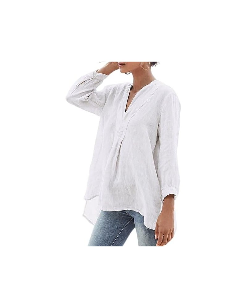 Women's Linen V-Neck Shirt Long Sleeve Irregular Hem Casual Loose Blouse Tops White $18.28 Blouses